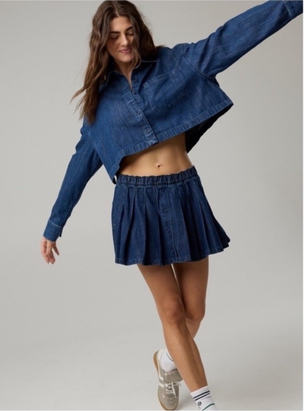 Aerie Indigo Denim Pleated Mini Skirt and Top